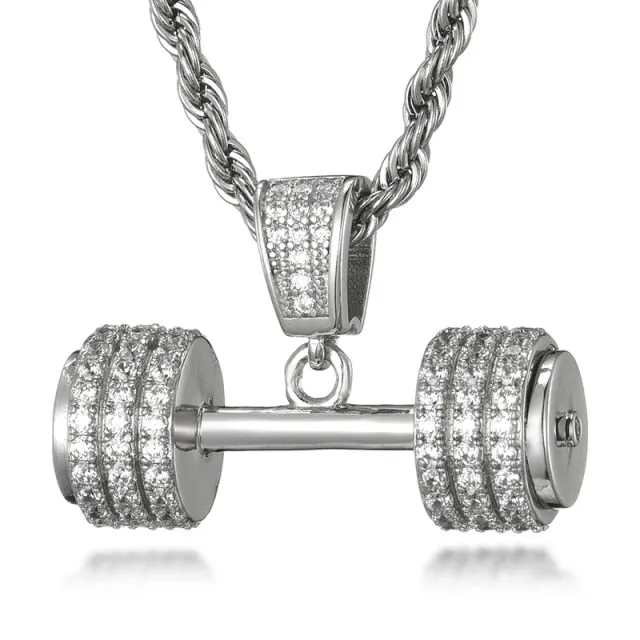 Iced Out Bling Rhinestone Rope Chain Barbell Gym Fitness Dumbbell Pendants & Chain For Men