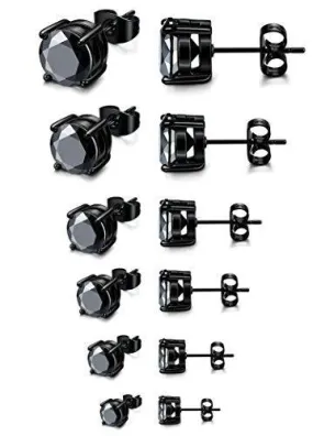 6 Pairs Stainless Steel Men Women Stud Earrings Cubic Zirconia Piercing Black 22G