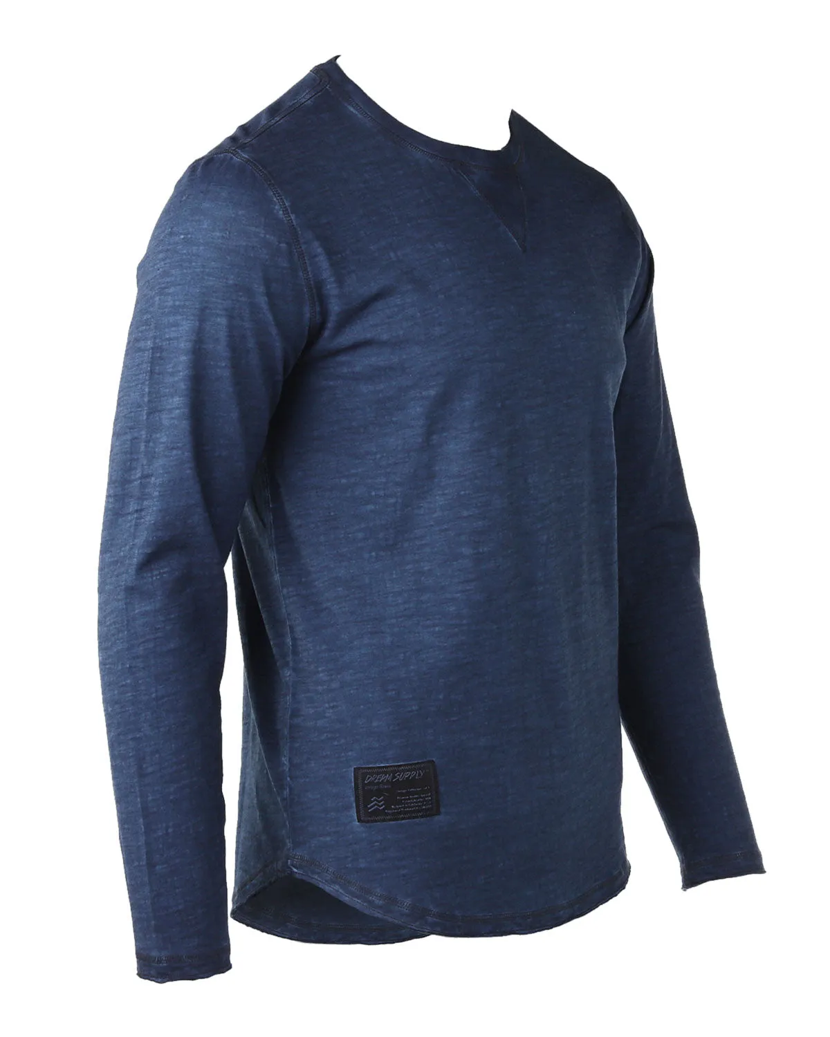 Deep Blue Long Sleeve Crewneck Oil Wash Vintage Raw Edge Hem Hipster T-Shirt