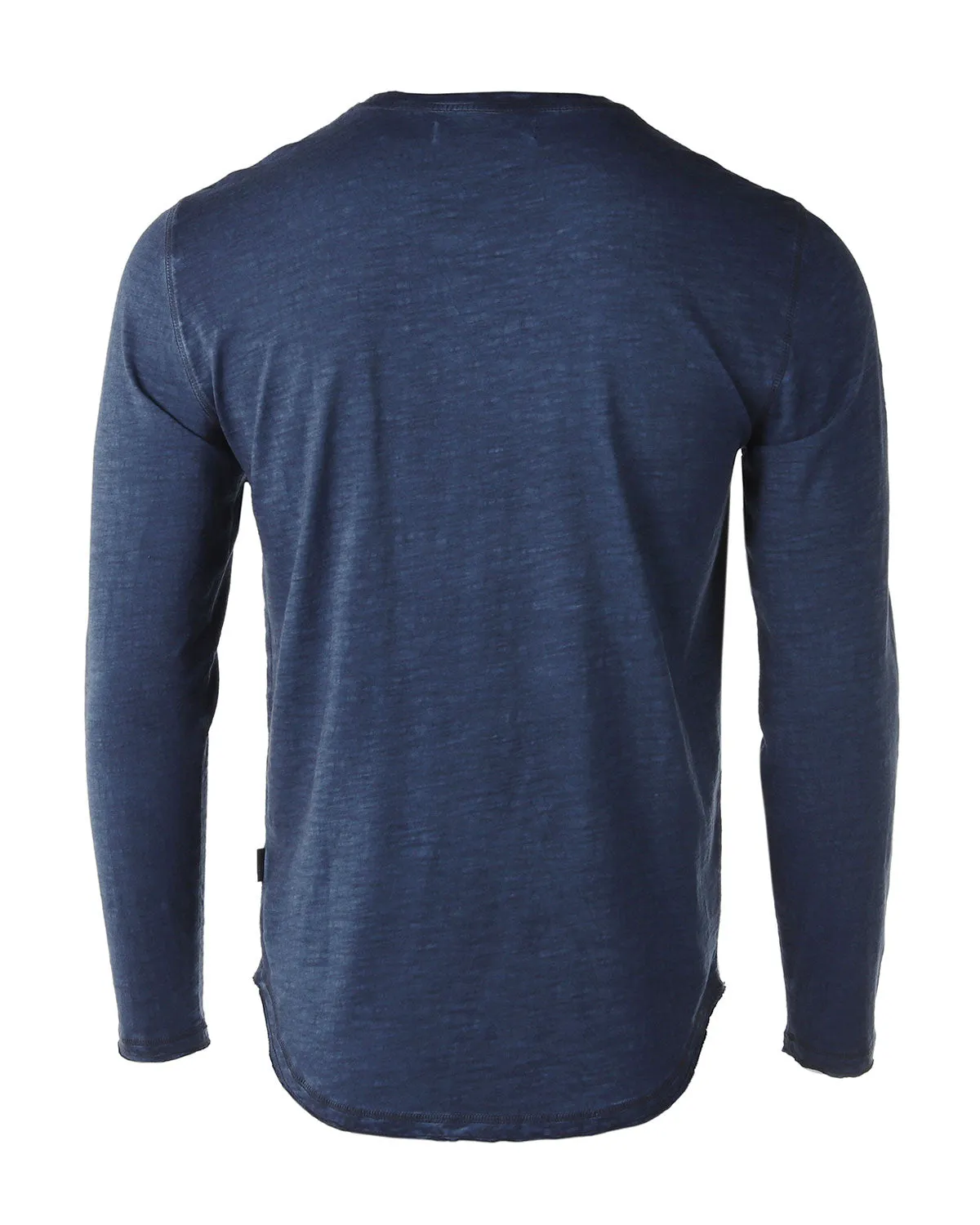 Deep Blue Long Sleeve Crewneck Oil Wash Vintage Raw Edge Hem Hipster T-Shirt