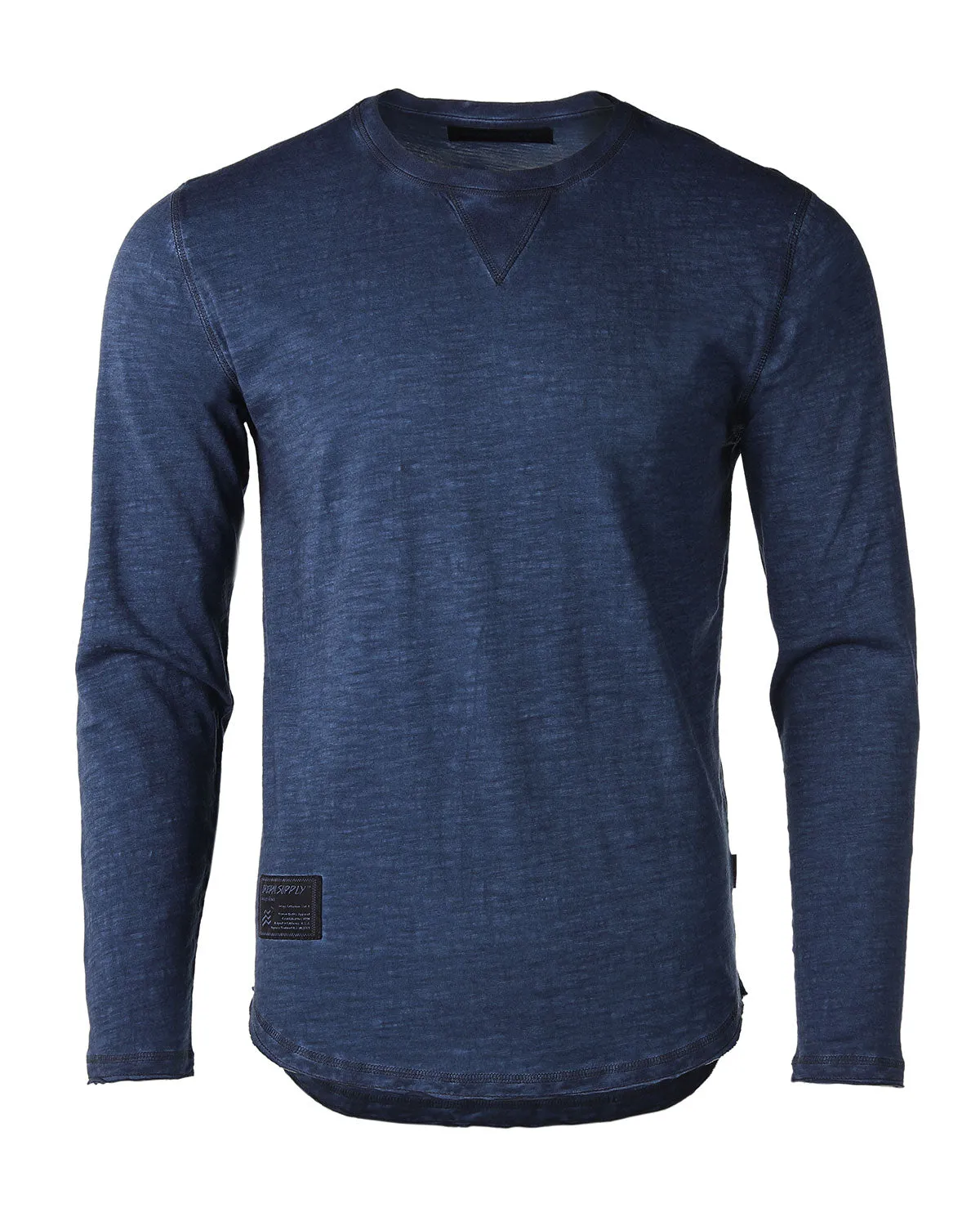 Deep Blue Long Sleeve Crewneck Oil Wash Vintage Raw Edge Hem Hipster T-Shirt