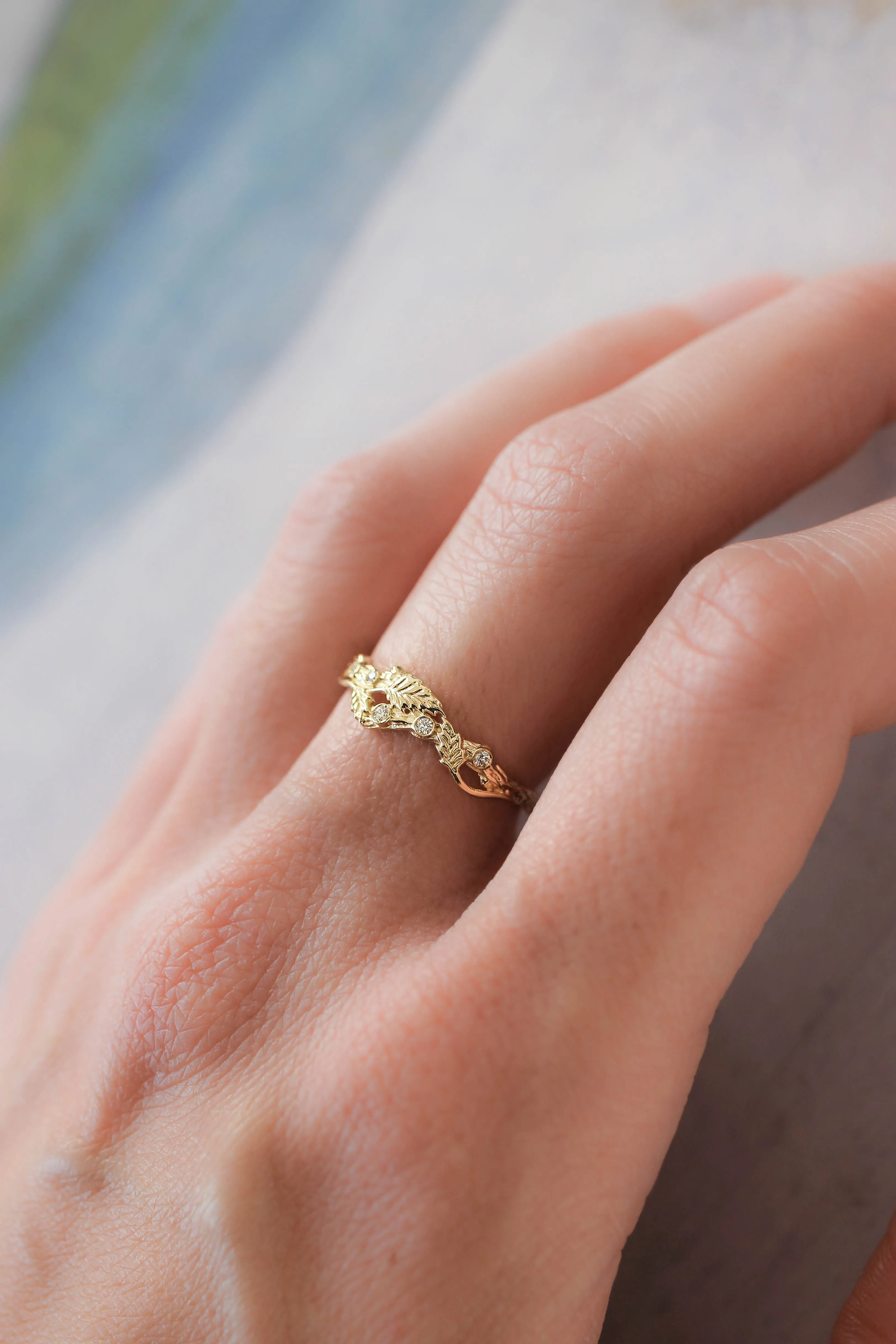 Twig ring with diamonds and three leaves, branch wedding band