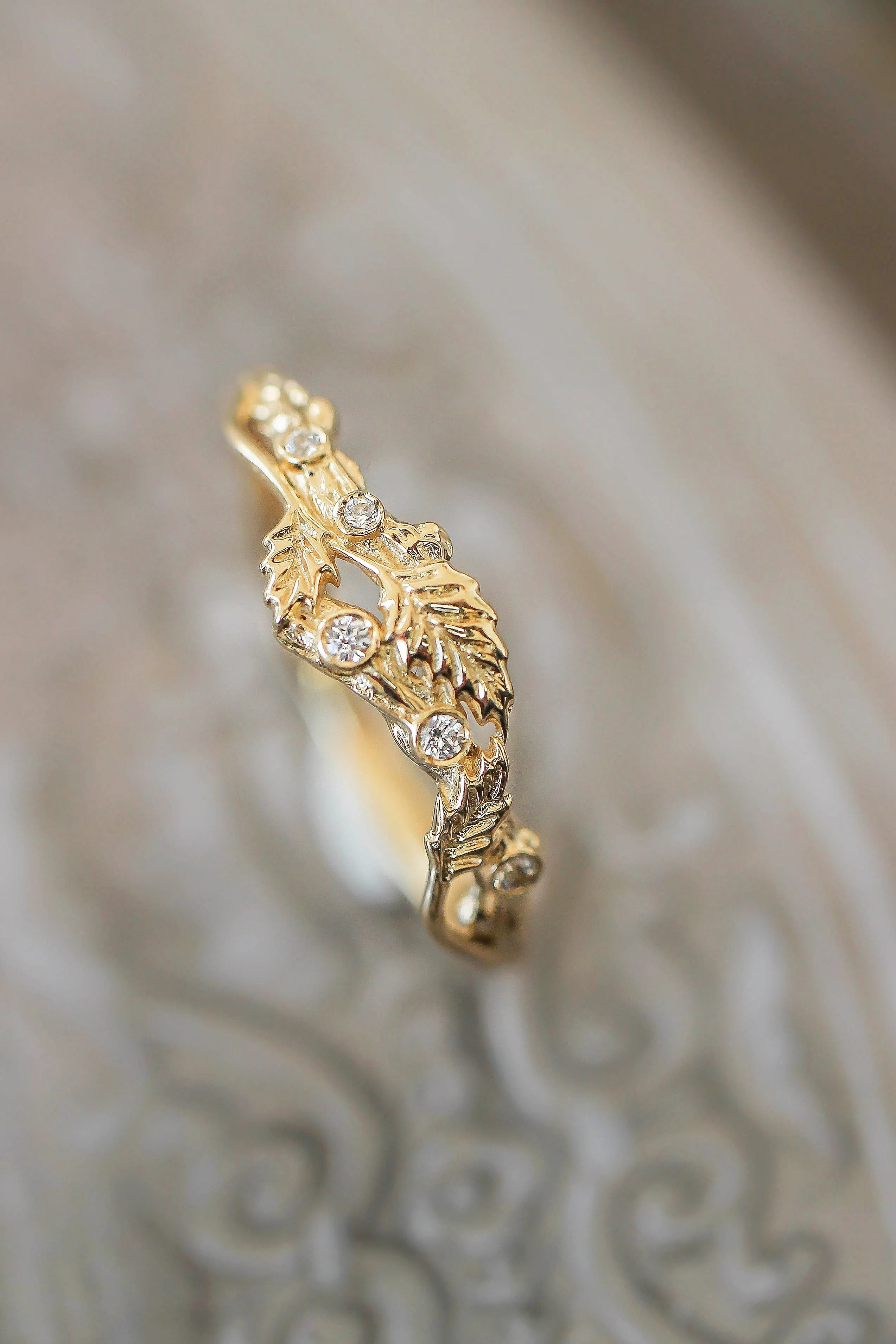 Twig ring with diamonds and three leaves, branch wedding band