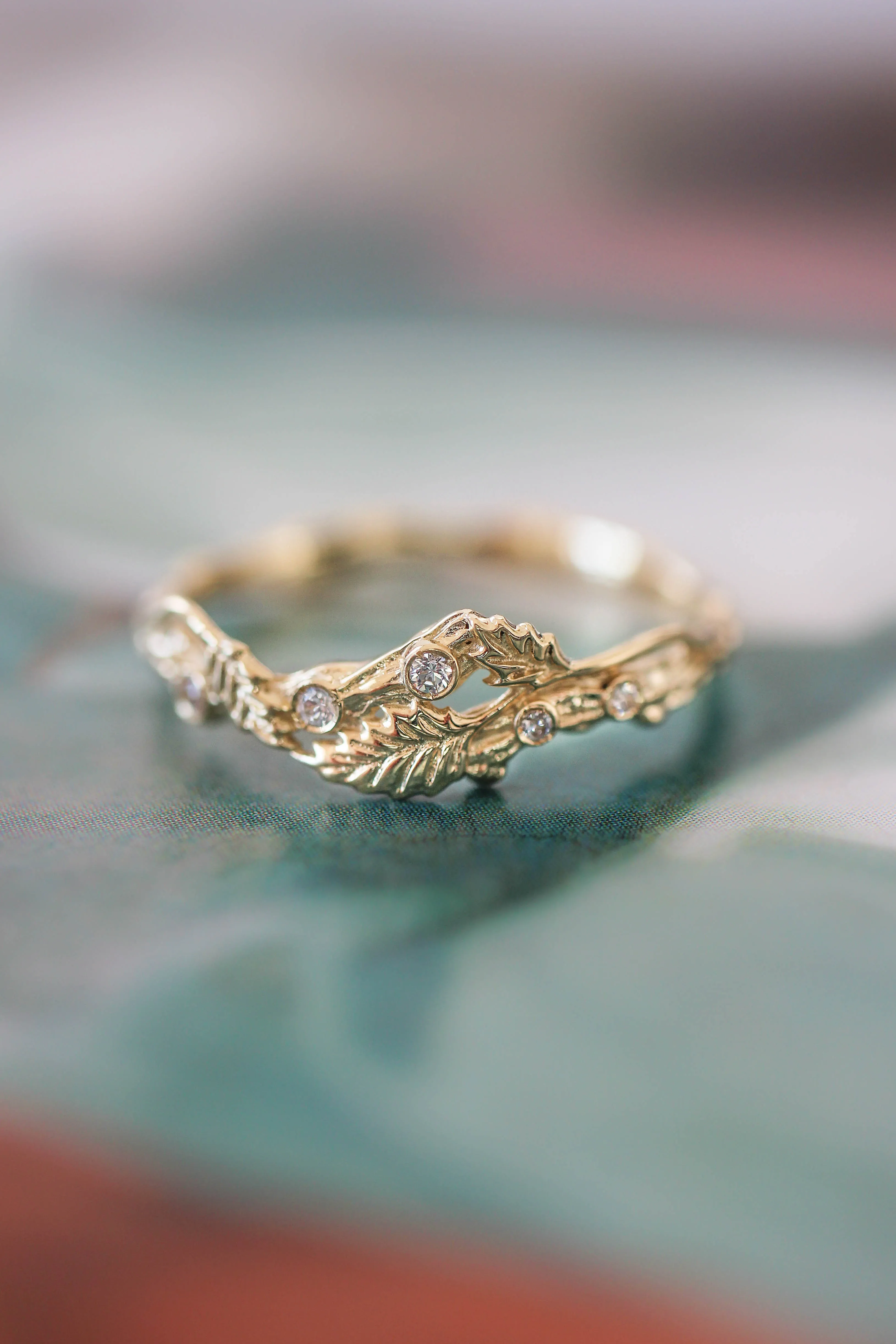 Twig ring with diamonds and three leaves, branch wedding band