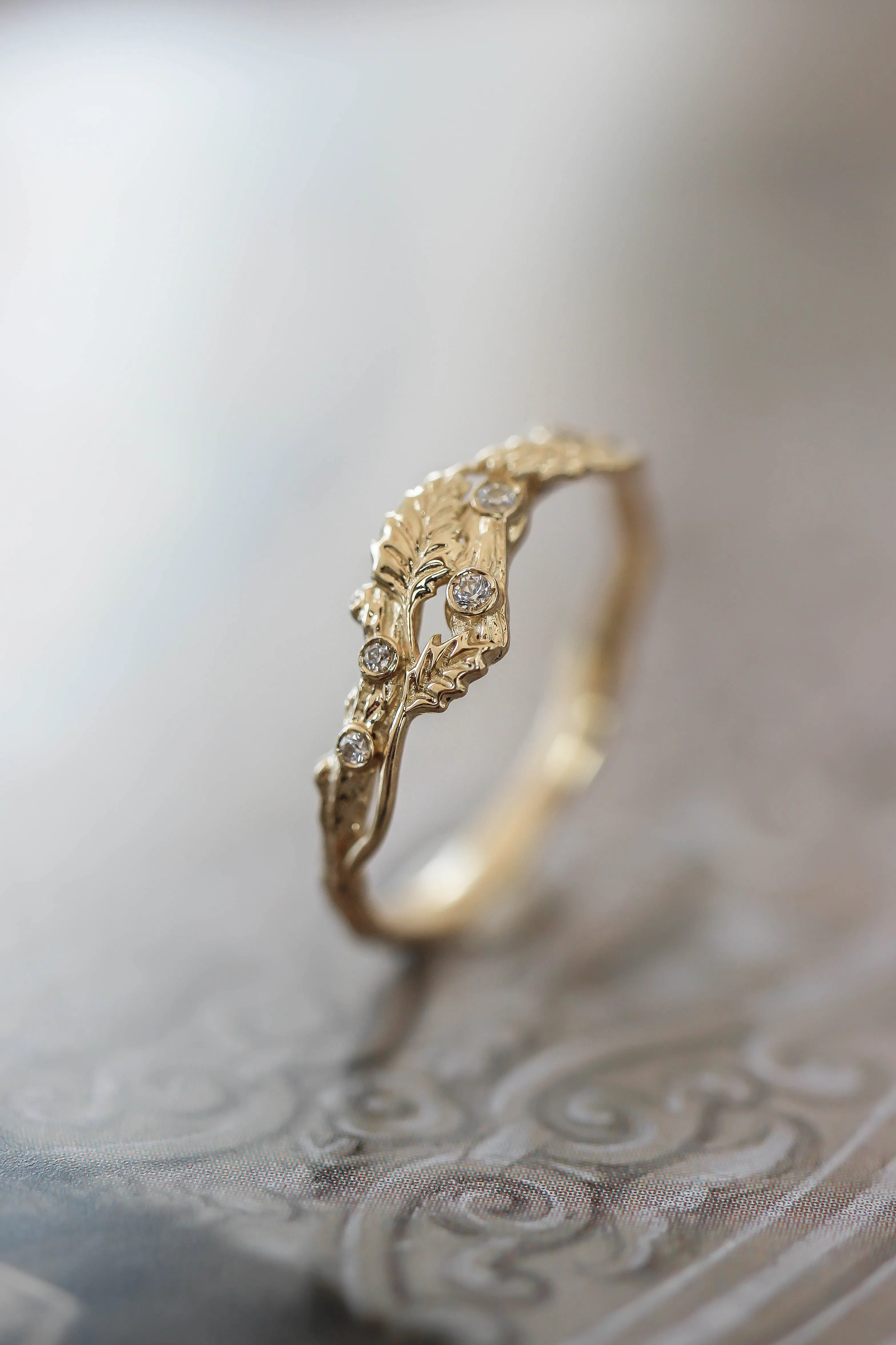 Twig ring with diamonds and three leaves, branch wedding band