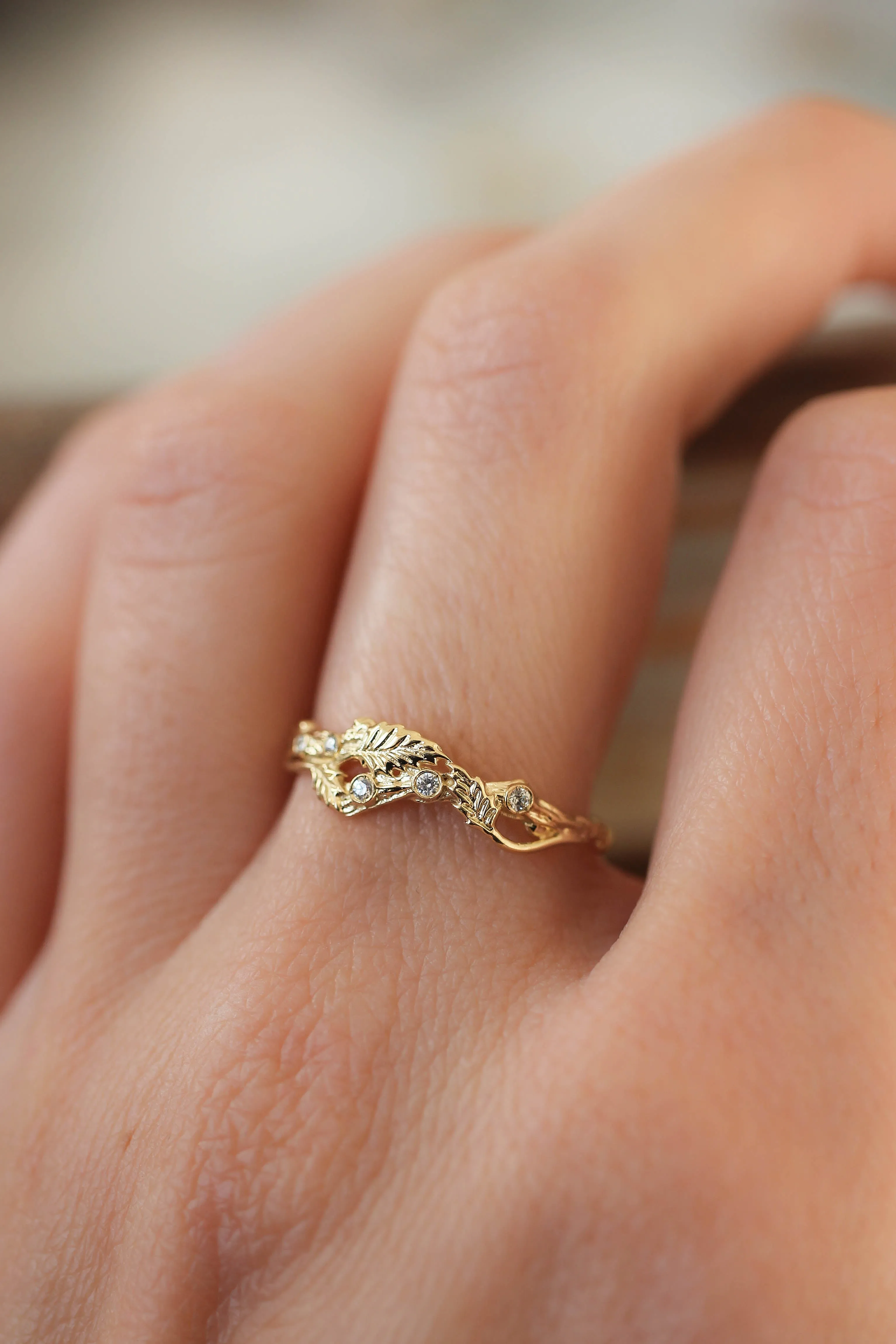 Twig ring with diamonds and three leaves, branch wedding band