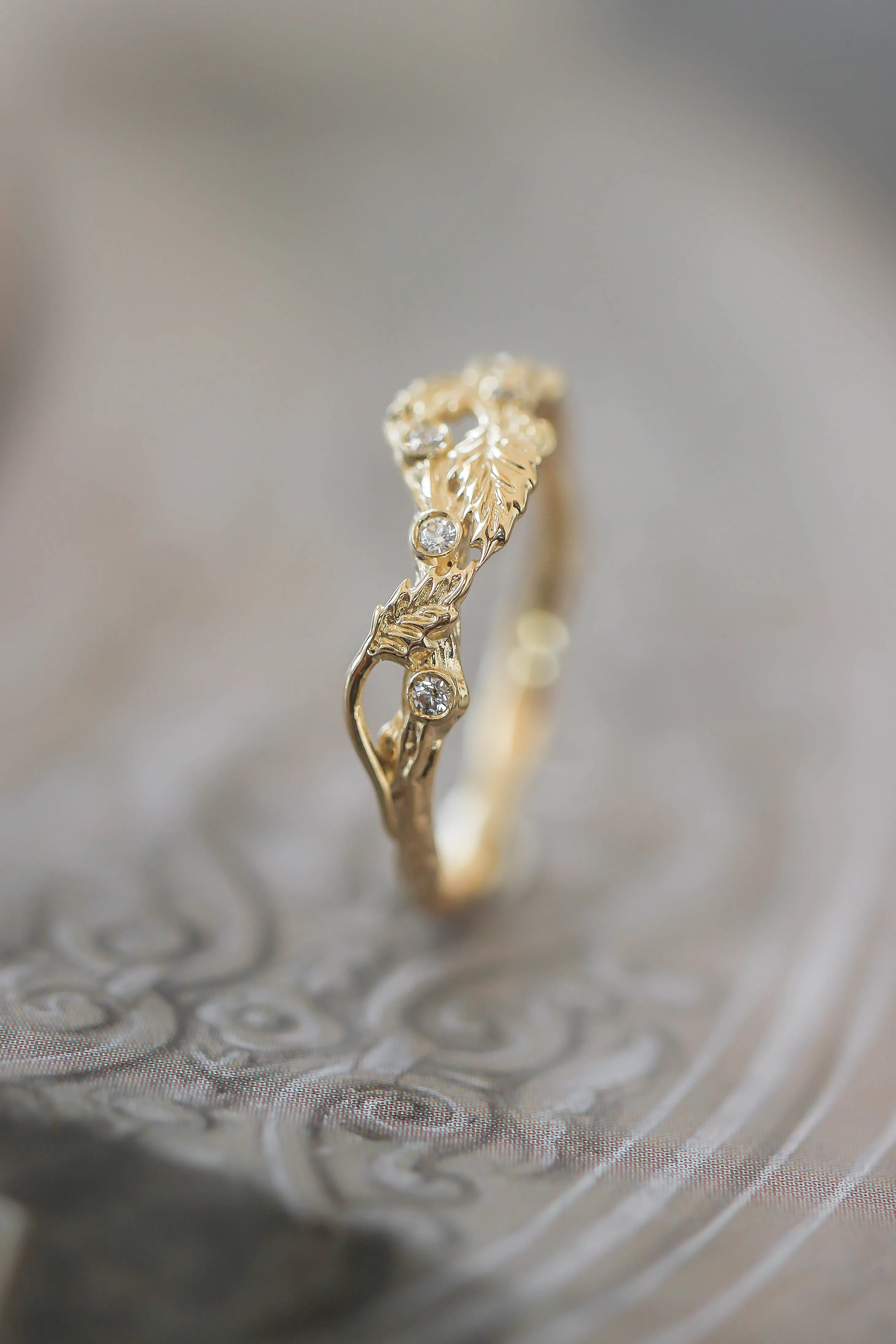 Twig ring with diamonds and three leaves, branch wedding band