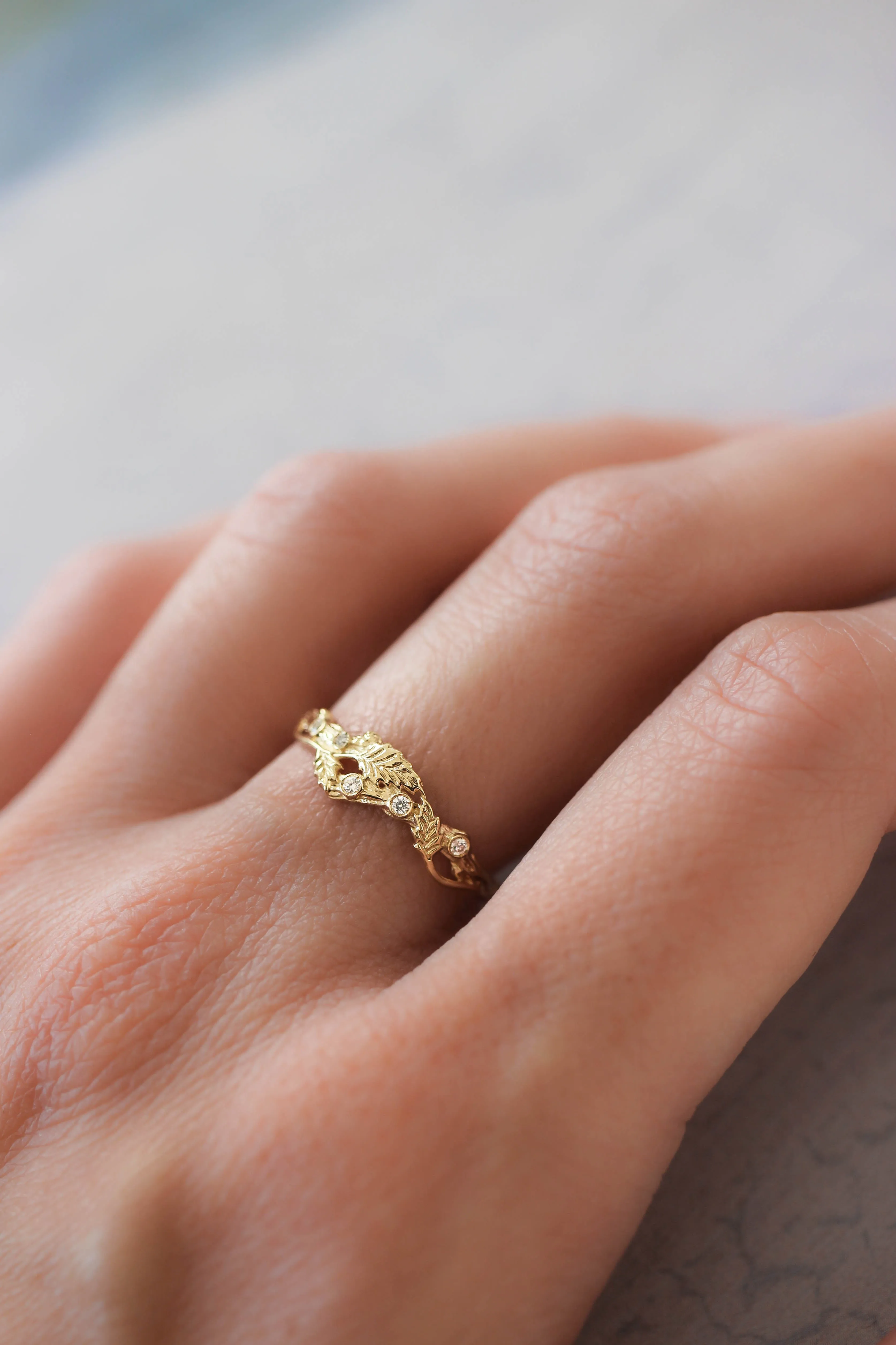 Twig ring with diamonds and three leaves, branch wedding band