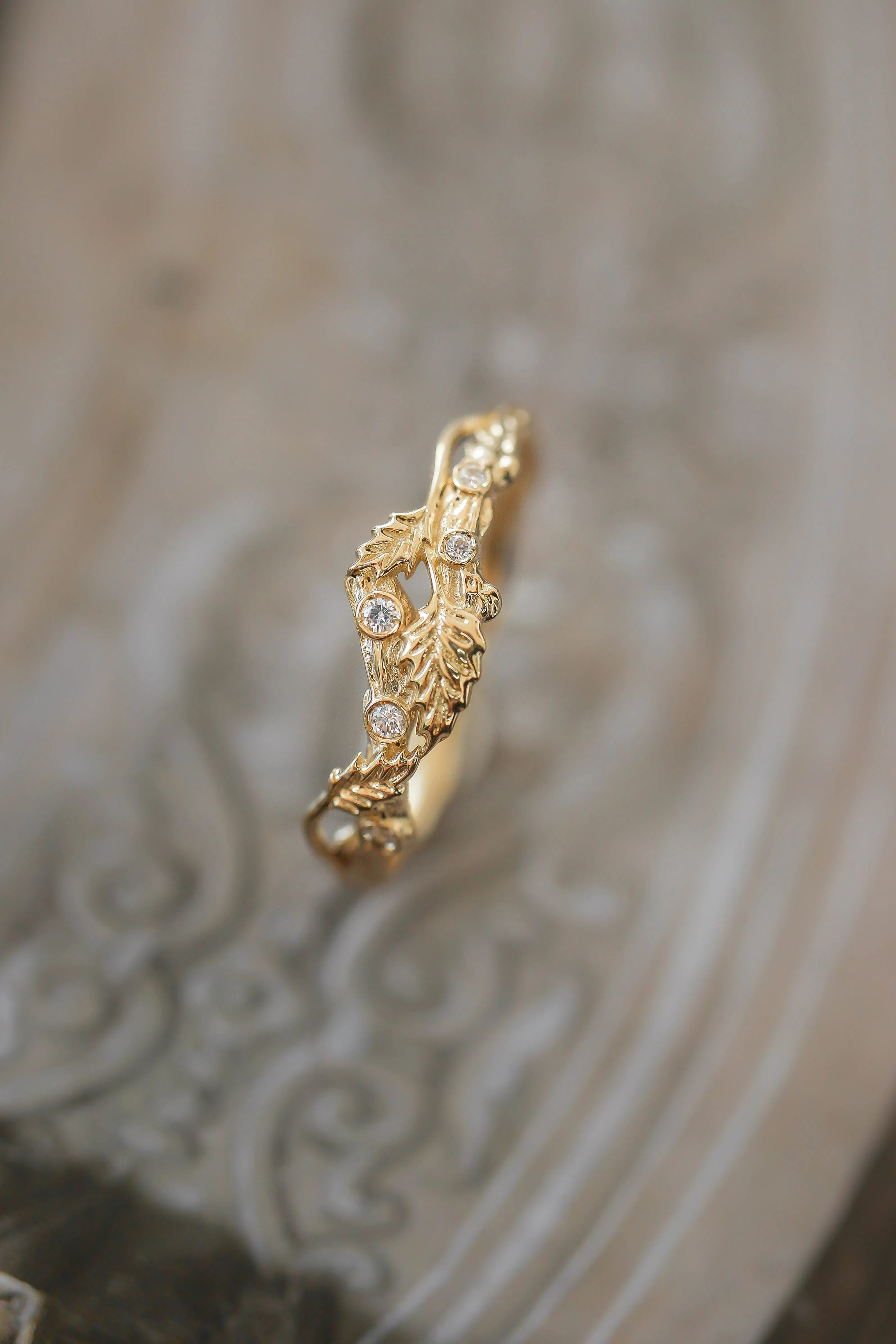 Twig ring with diamonds and three leaves, branch wedding band