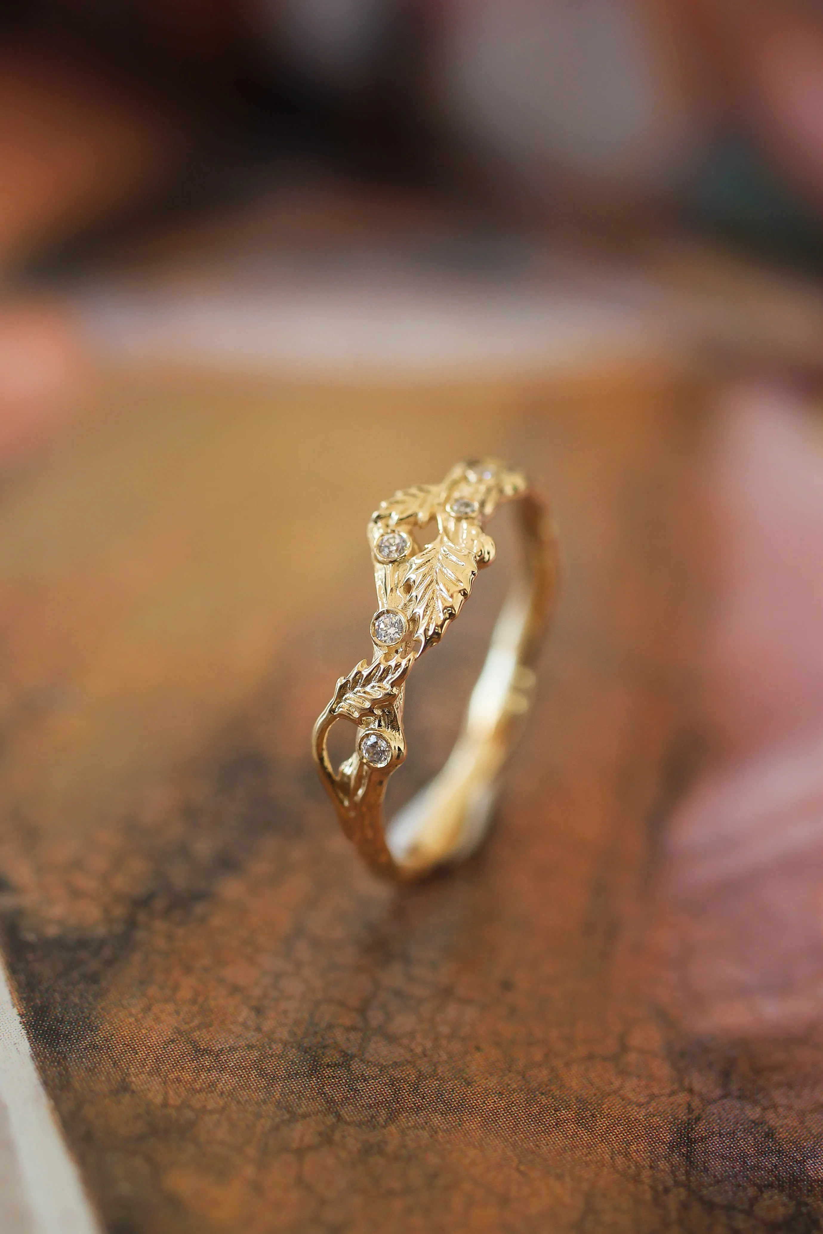 Twig ring with diamonds and three leaves, branch wedding band