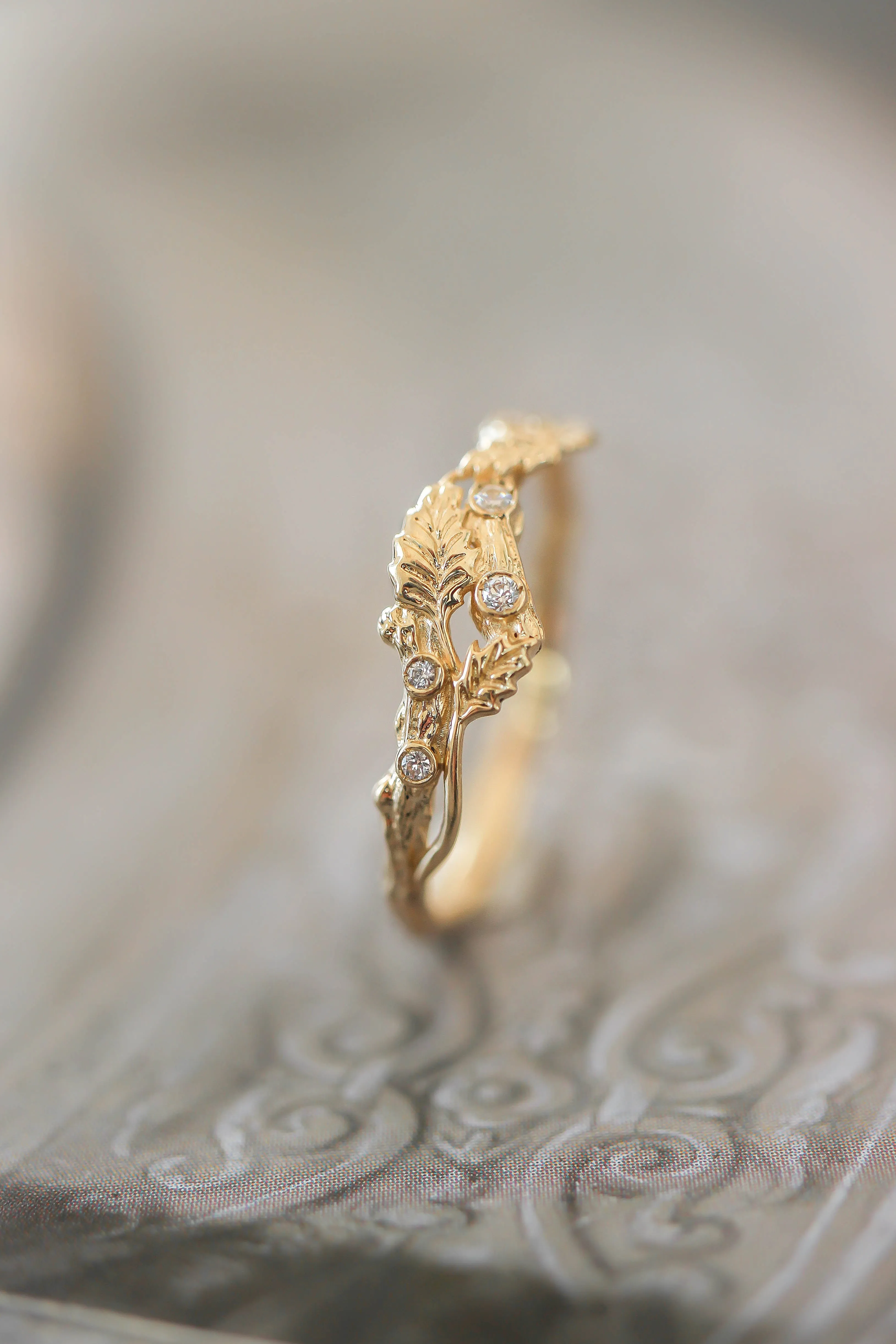 Twig ring with diamonds and three leaves, branch wedding band