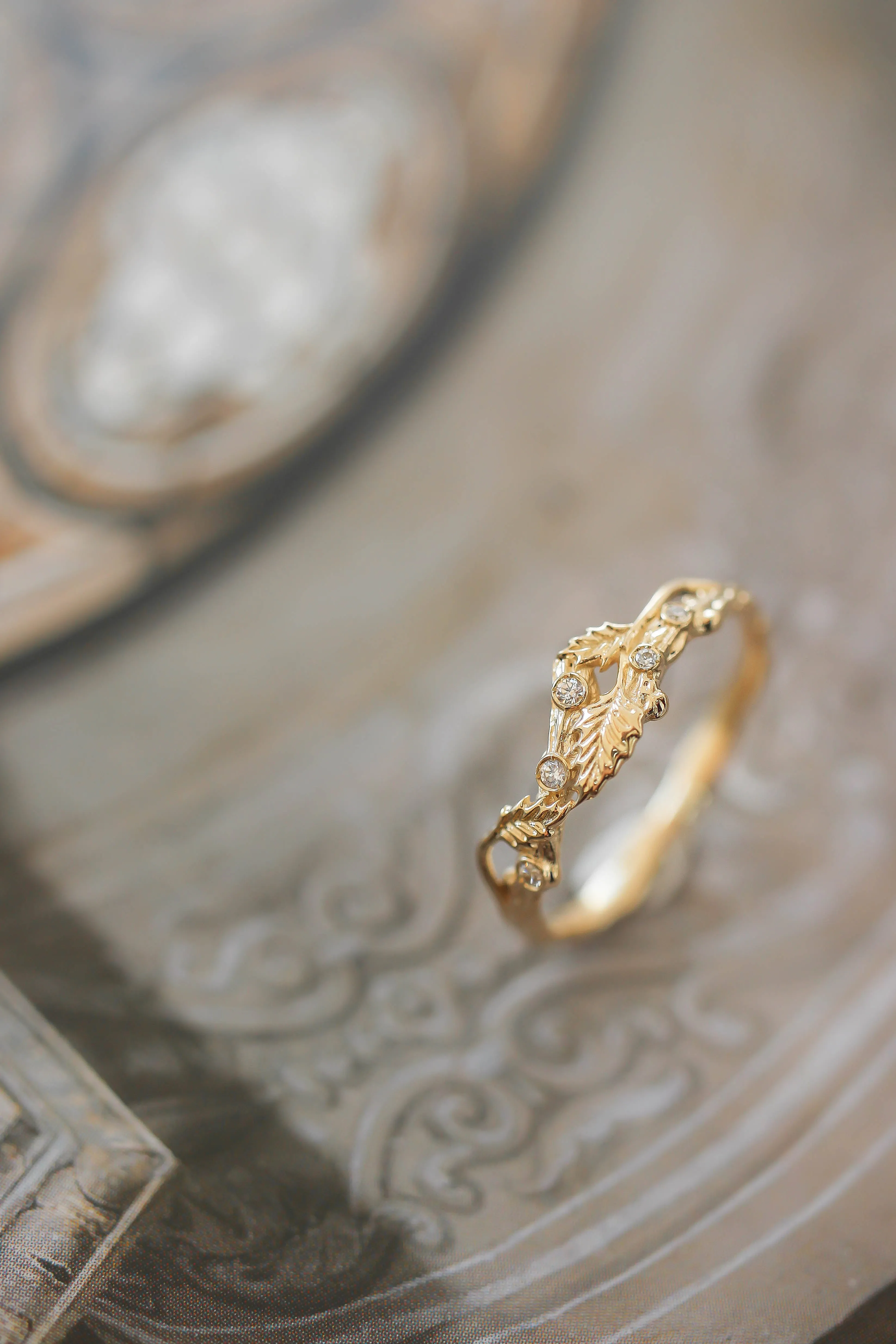 Twig ring with diamonds and three leaves, branch wedding band