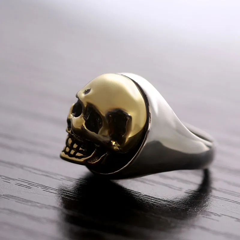 18mm Gold Skull 925 Sterling Silver Vintage Biker Ring