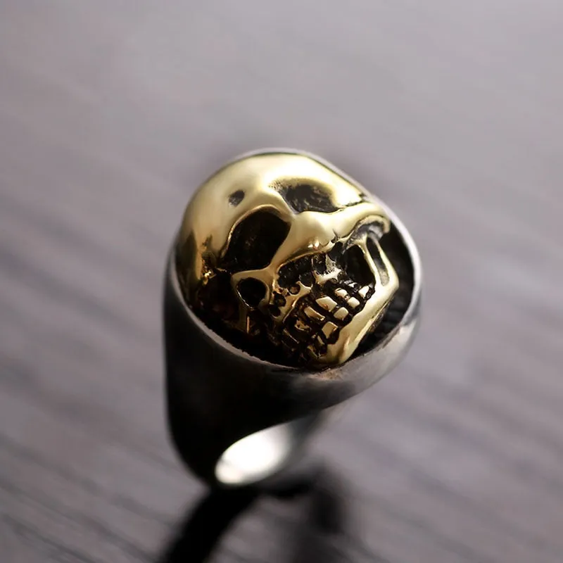 18mm Gold Skull 925 Sterling Silver Vintage Biker Ring