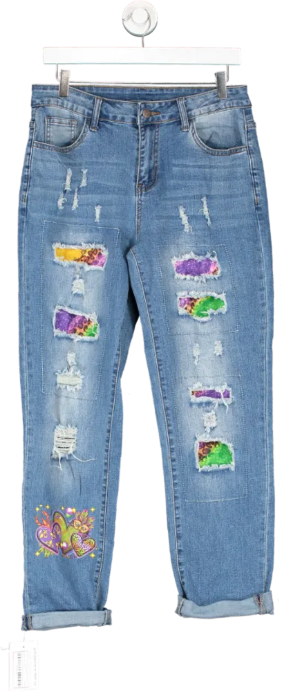 Evaless Blue Madi Gras Carnival Heart Print Ripped Patchwork Casual Jeans UK 8