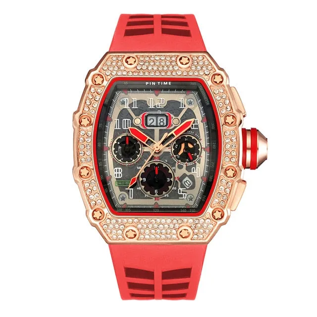 Cool Sports and Military Diamond-Studded Chronograph Silicone Band Fashion Hip-hop Quartz Watch