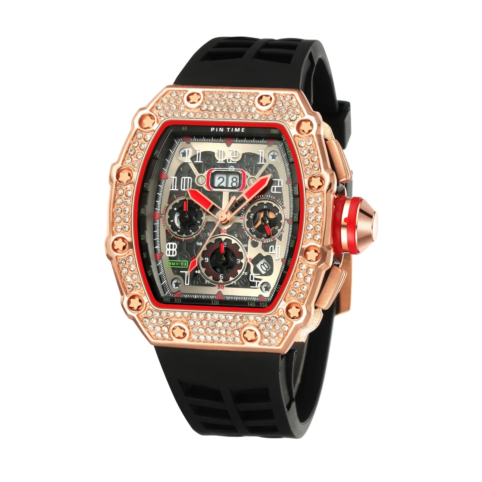 Cool Sports and Military Diamond-Studded Chronograph Silicone Band Fashion Hip-hop Quartz Watch