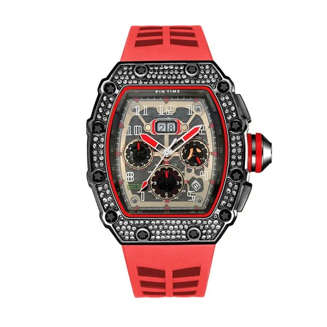 Cool Sports and Military Diamond-Studded Chronograph Silicone Band Fashion Hip-hop Quartz Watch