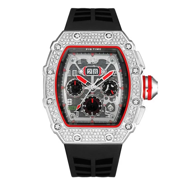 Cool Sports and Military Diamond-Studded Chronograph Silicone Band Fashion Hip-hop Quartz Watch