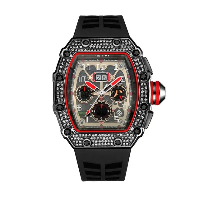 Cool Sports and Military Diamond-Studded Chronograph Silicone Band Fashion Hip-hop Quartz Watch