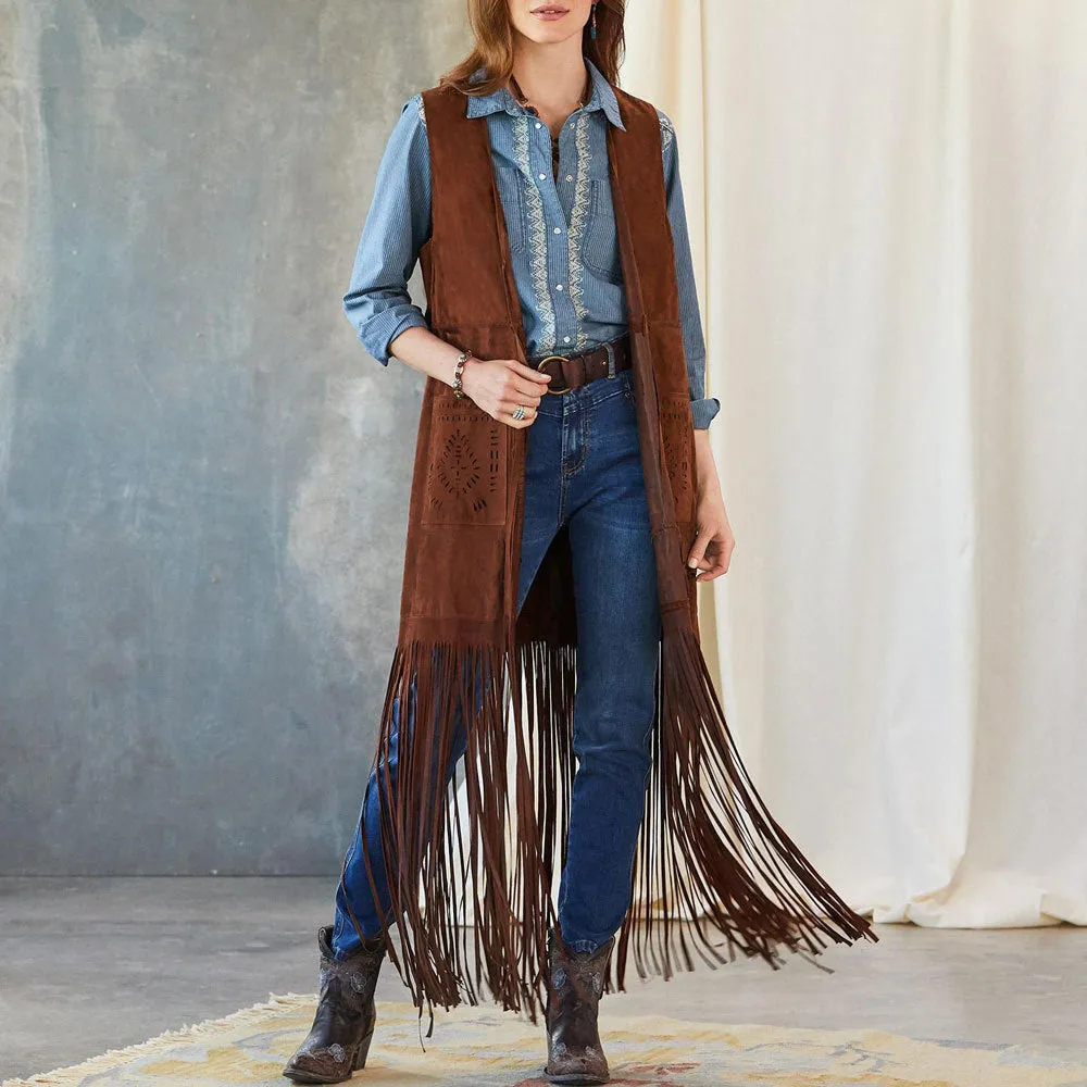 New Womens Vest Coat Suede Faux Fur Ethnic Sleeveless Long Princess Vests Tassels Fringed Rivet Fashion Cardigan