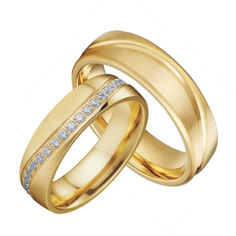 Cubic Zirconia and Gold-Plated Titanium Wedding Ring Set