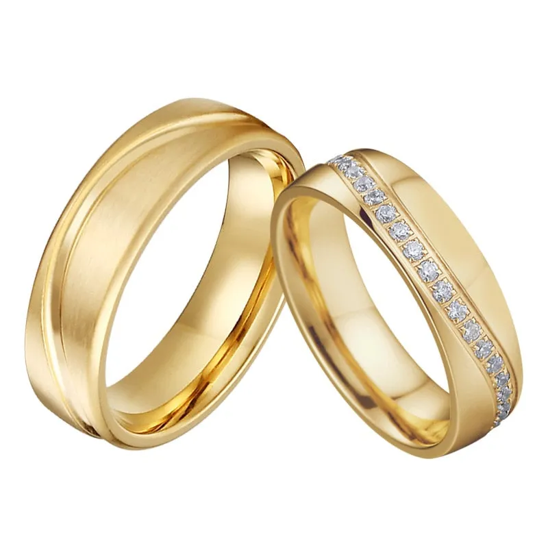 Cubic Zirconia and Gold-Plated Titanium Wedding Ring Set