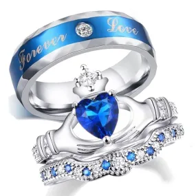 Blue Cubic Zirconia Claddagh and Forever Love Stainless Steel Wedding Bands Set