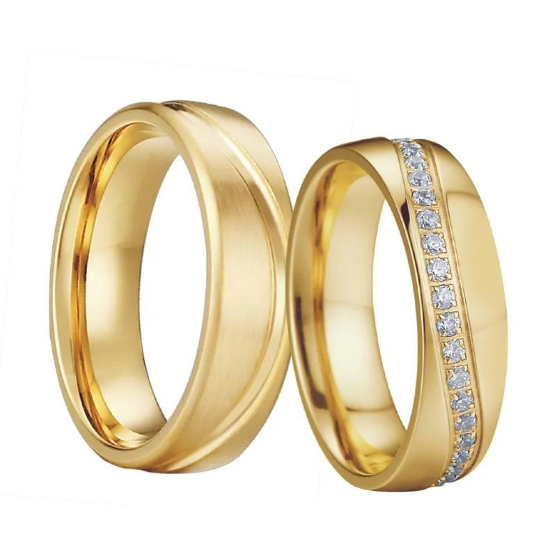 Cubic Zirconia and Gold-Plated Titanium Wedding Ring Set