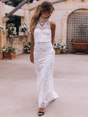 Boho Wedding Dress 2021 Sheath High Neck Sleeveless Floor Length Bridal Gown