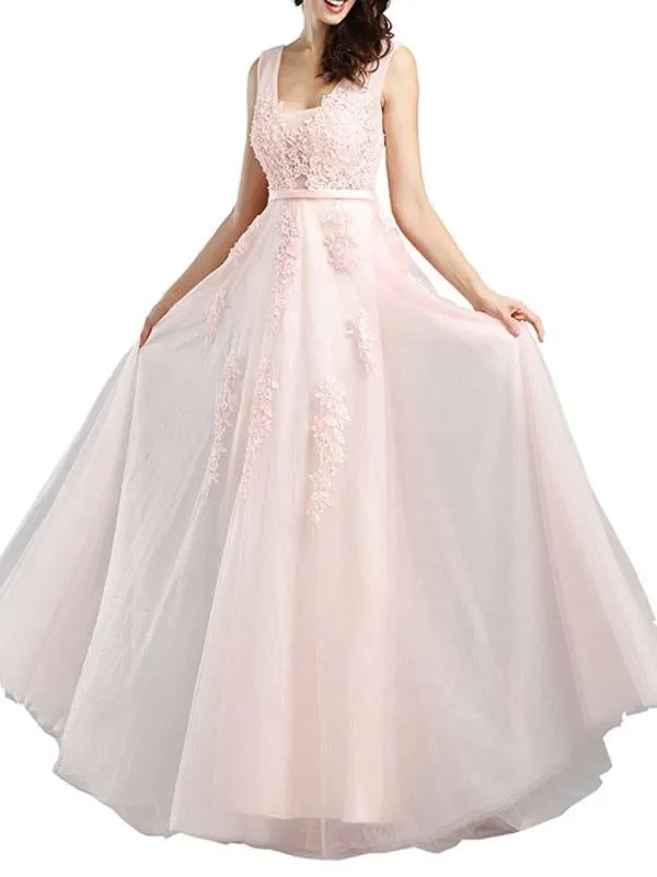 Prom Dress V Neck A Line Sleeveless Floor Length Lace Applique Party Dresses