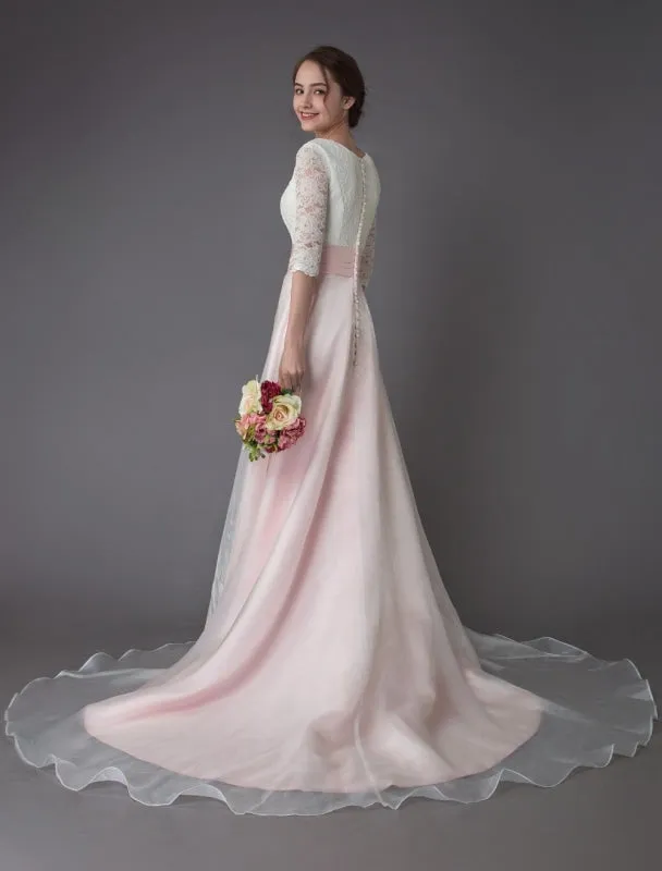 Wedding Dresses Pink V Neck Half Sleeve Pleated A Line Bridal Gown With Train Exclusive