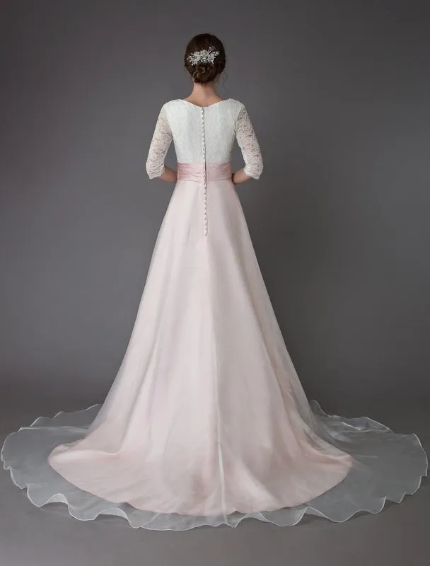 Wedding Dresses Pink V Neck Half Sleeve Pleated A Line Bridal Gown With Train Exclusive