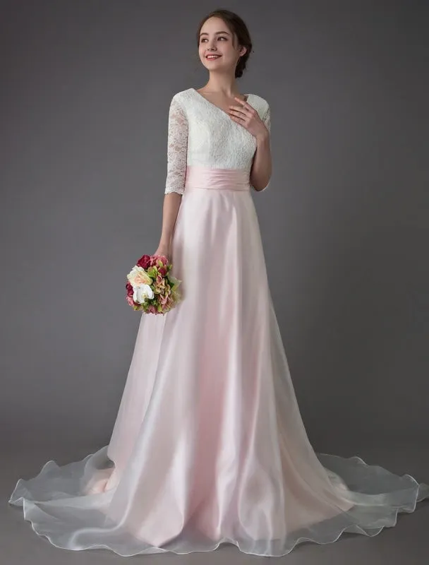 Wedding Dresses Pink V Neck Half Sleeve Pleated A Line Bridal Gown With Train Exclusive