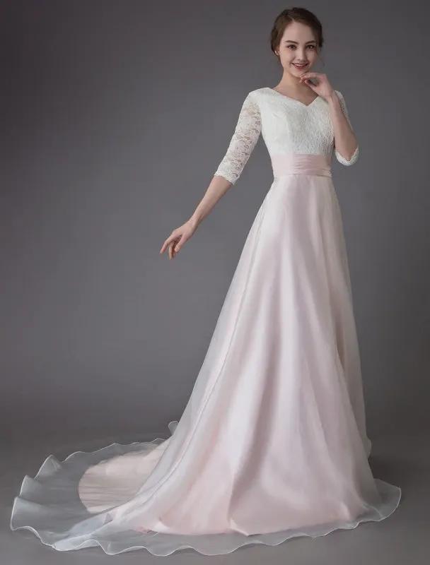 Wedding Dresses Pink V Neck Half Sleeve Pleated A Line Bridal Gown With Train Exclusive