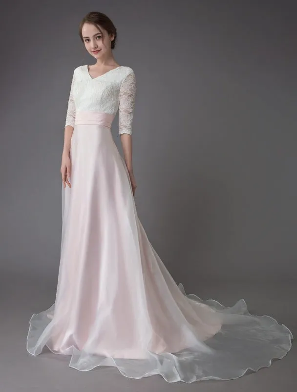 Wedding Dresses Pink V Neck Half Sleeve Pleated A Line Bridal Gown With Train Exclusive