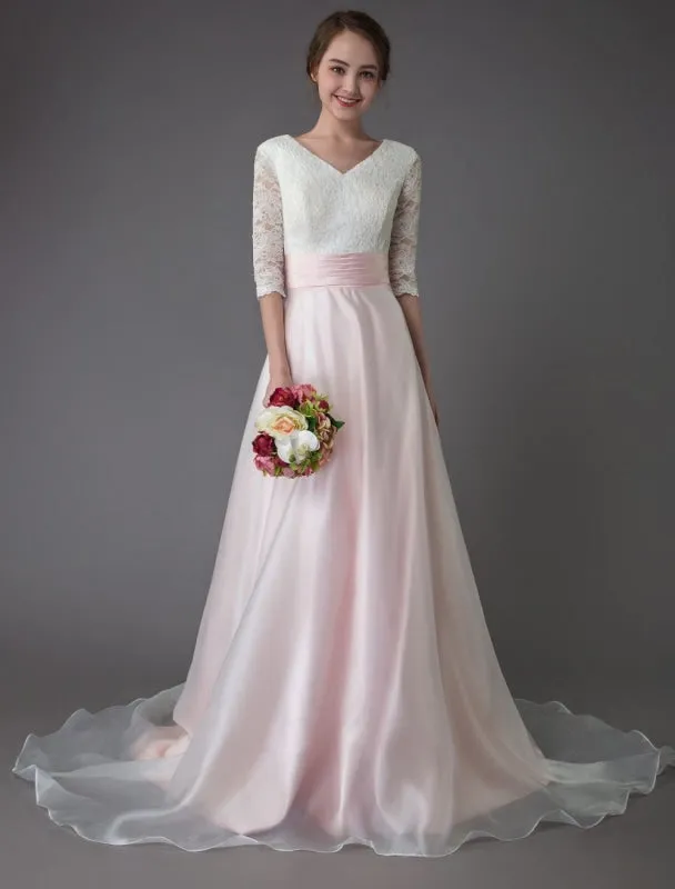 Wedding Dresses Pink V Neck Half Sleeve Pleated A Line Bridal Gown With Train Exclusive