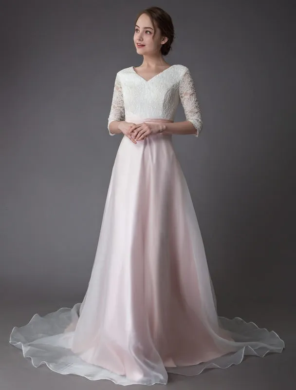 Wedding Dresses Pink V Neck Half Sleeve Pleated A Line Bridal Gown With Train Exclusive