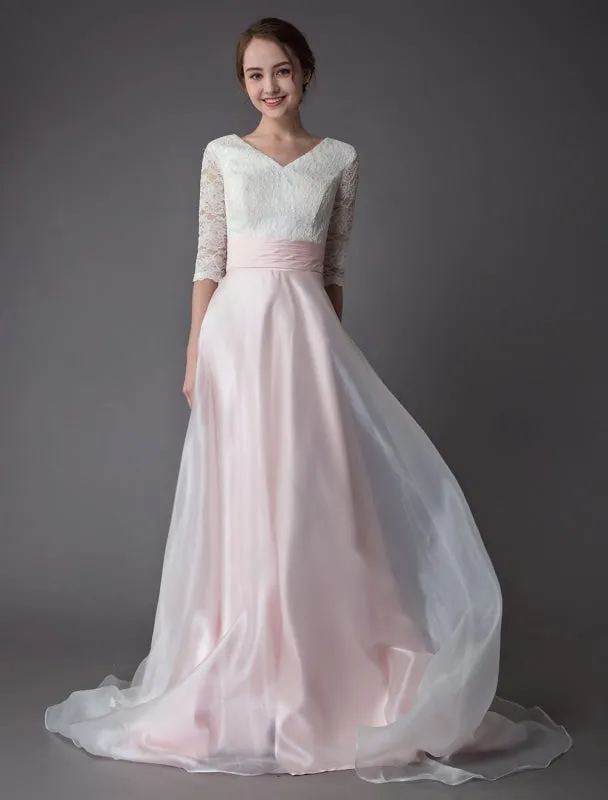 Wedding Dresses Pink V Neck Half Sleeve Pleated A Line Bridal Gown With Train Exclusive