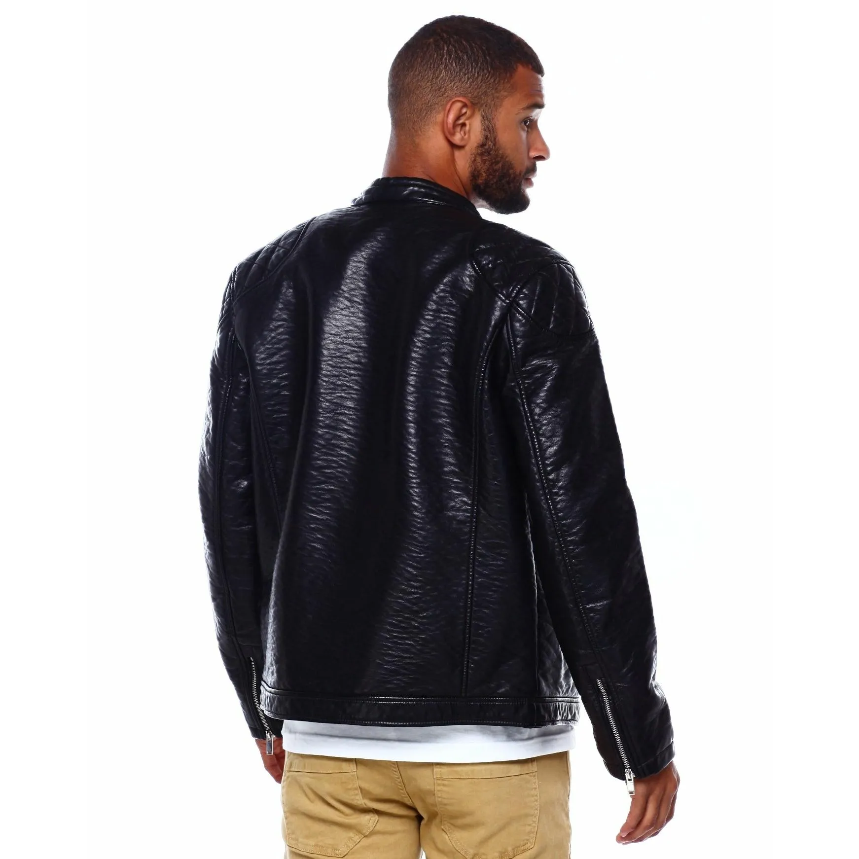 Mens black full zip-up closure pu leather Jacket