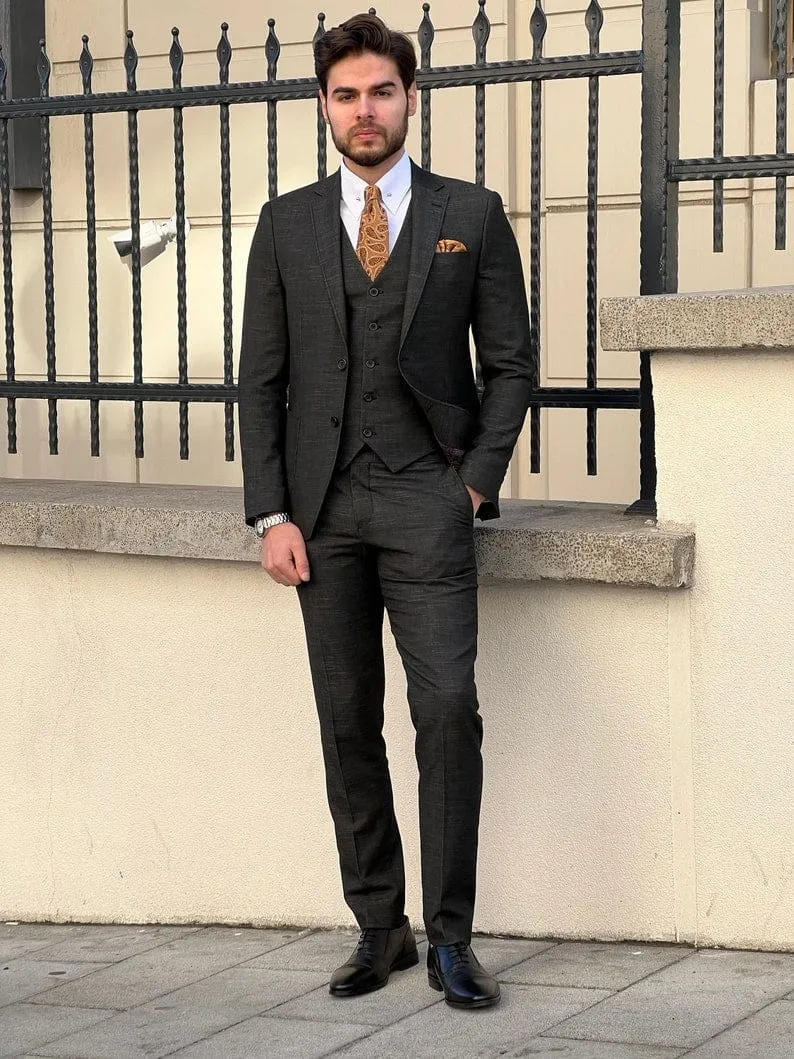 Slim Fit Self-Patterned Wool Black Tailored Suit