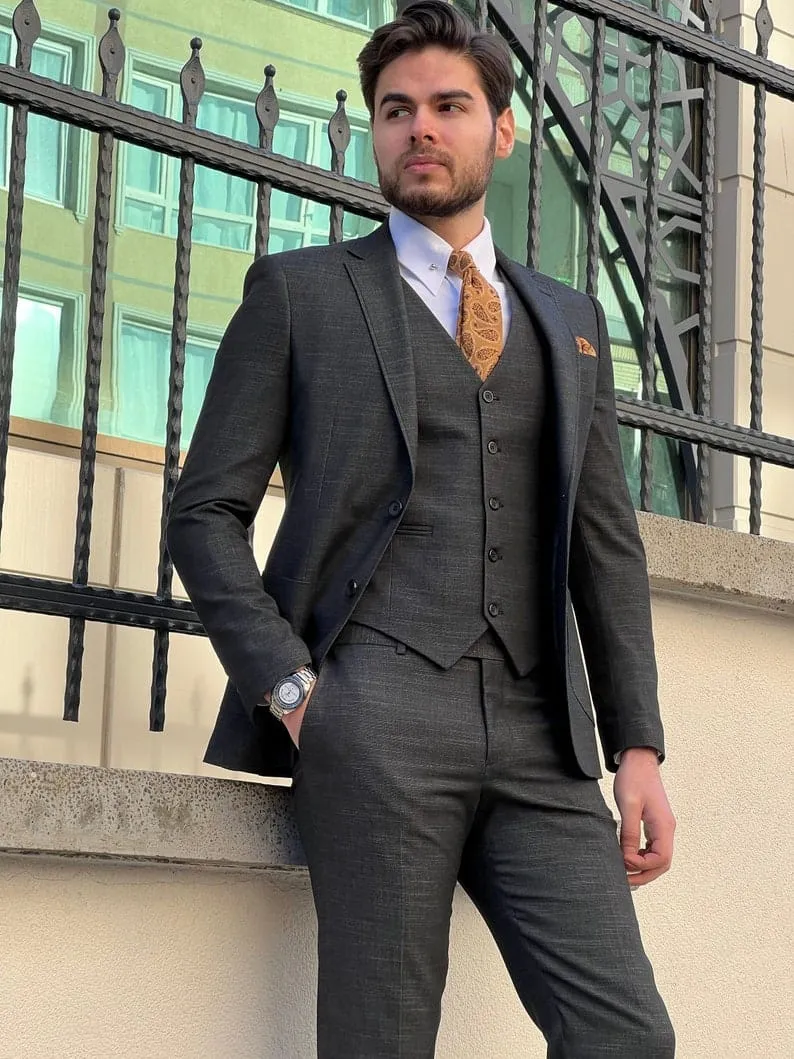 Slim Fit Self-Patterned Wool Black Tailored Suit