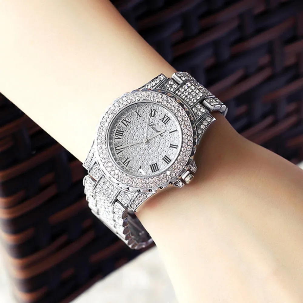 Crystal-Studded Bracelet and Watch Fashion Hip-hop Jewelry Set