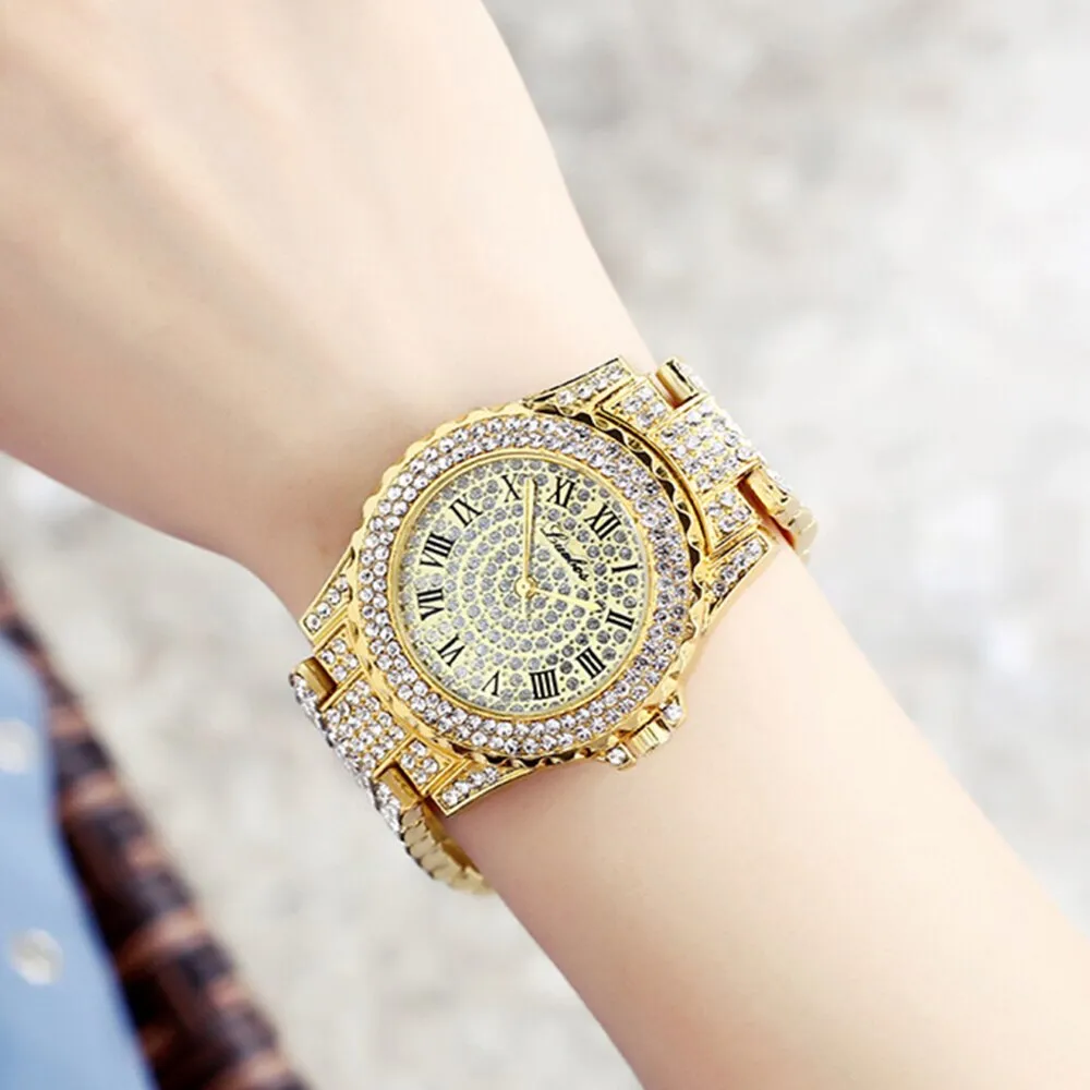 Crystal-Studded Bracelet and Watch Fashion Hip-hop Jewelry Set