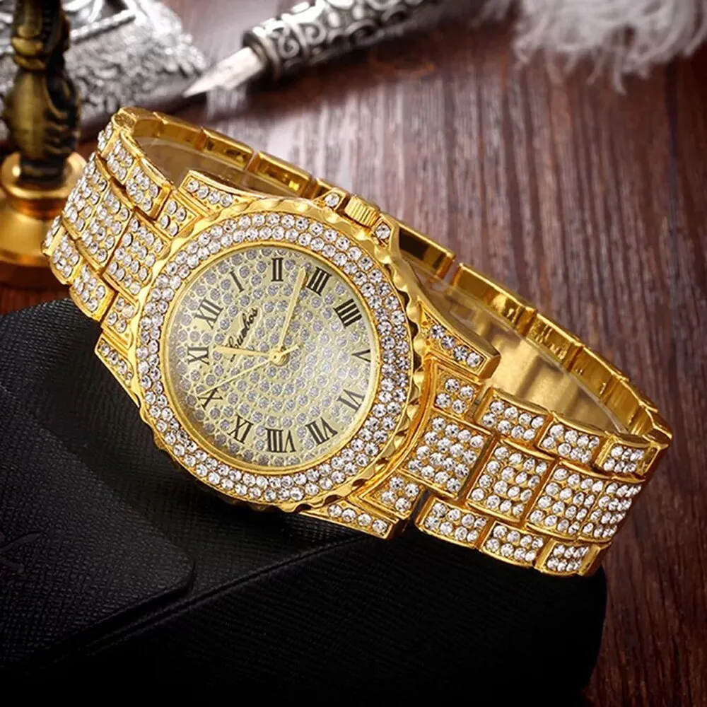 Crystal-Studded Bracelet and Watch Fashion Hip-hop Jewelry Set