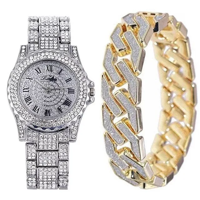 Crystal-Studded Bracelet and Watch Fashion Hip-hop Jewelry Set