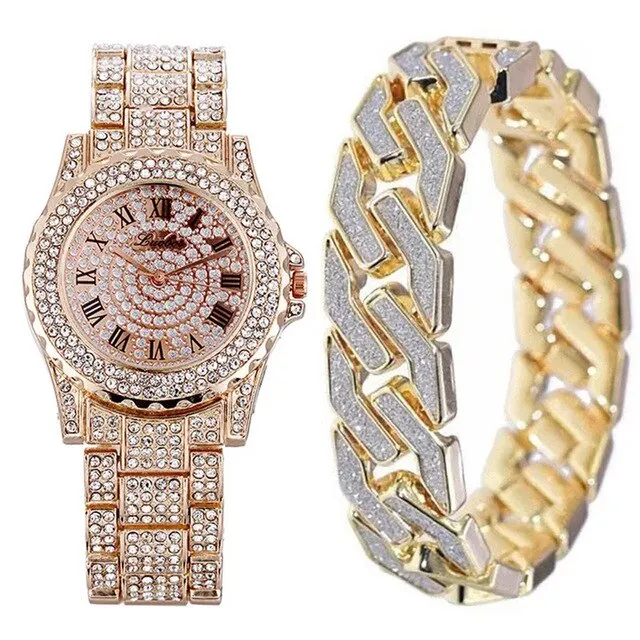 Crystal-Studded Bracelet and Watch Fashion Hip-hop Jewelry Set