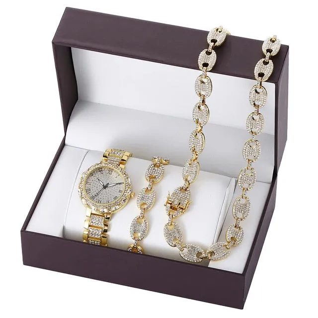 Diamond-Studded Necklace, Bracelet, and Quartz Watch Fashion Hip-hop Jewelry Set