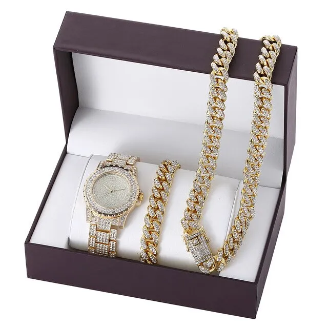 Diamond-Studded Necklace, Bracelet, and Quartz Watch Fashion Hip-hop Jewelry Set