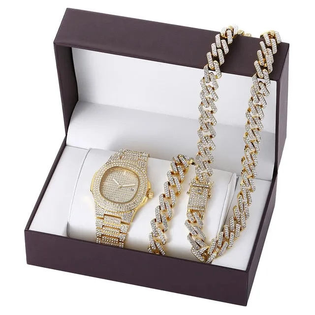 Diamond-Studded Necklace, Bracelet, and Quartz Watch Fashion Hip-hop Jewelry Set